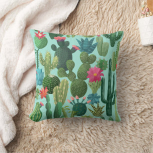 Green Teal Blooming Cacti Pattern Throw Pillow
