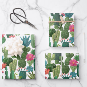 Green Teal Blooming Cacti Pattern Wrapping Paper Sheets