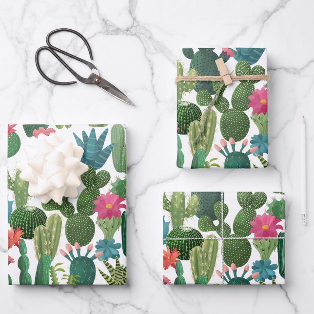 Green Teal Blooming Cacti Pattern Wrapping Paper Sheets (Front)
