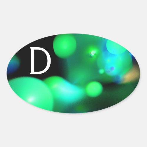 GREEN TEAL BLUE  BLACK  FRACTAL BUBBLES MONOGRAM OVAL STICKER