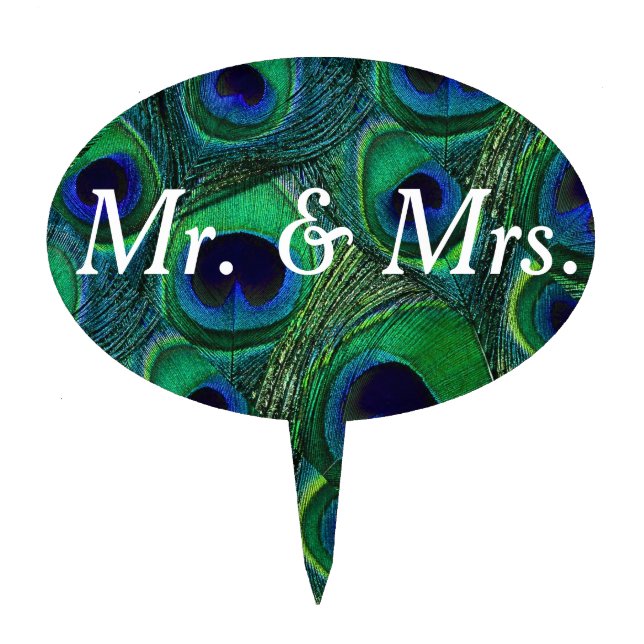 Green Teal Blue Peacock Feather Print Cake Topper (Front)