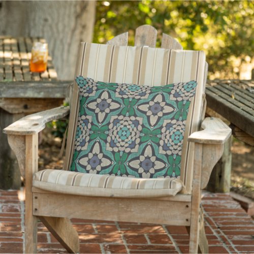 Green Teal Blue Taupe Brown Orient Tribal Art Outdoor Pillow
