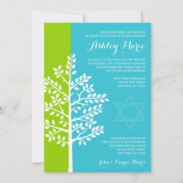 Green Teal Blue Tree of Life Bat Mitzvah Invitation (Front)