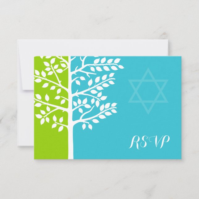 Green Teal Blue Tree of Life Bat Mitzvah RSVP Card (Front)
