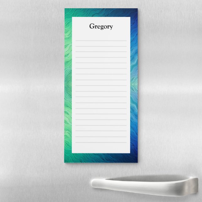 Green Teal Blue Wavy Pattern Personalized Lined Magnetic Notepad (In Situ)
