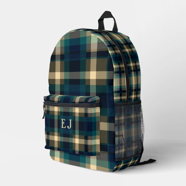 Green Teal Checkered  Pattern Printed Backpack (Back Corner Right)