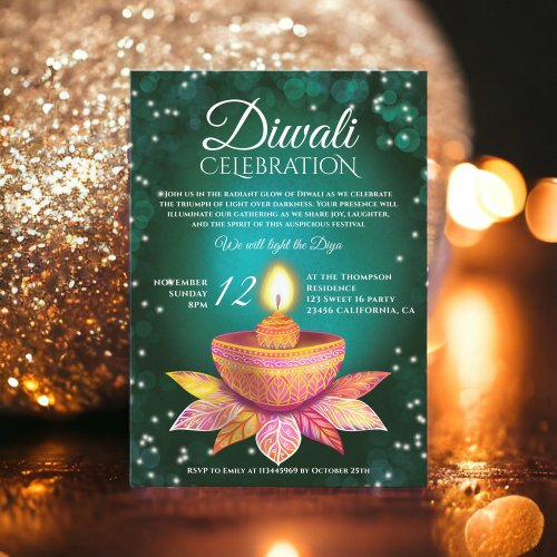 Green teal Diwali Lamps light illustration script Invitation