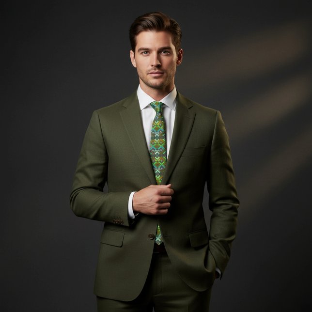 Green Teal Geometric Mirrored Abstract Pattern Neck Tie (Creator Uploaded)