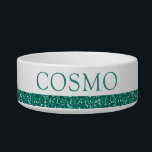Green Teal Glitter Sparkle Name Pet Bowl<br><div class="desc">Green-blue teal printed glitter stripe with custom cat or dog name. Enter any personalized text you like for a girly,  sparkly pet food or water bowl. See our collection of coordinating bowls and get a set!</div>