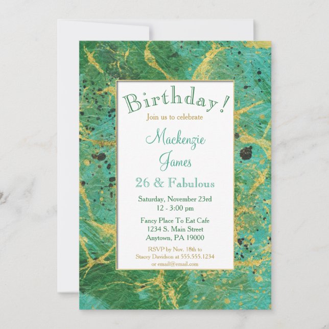 Green Teal Gold Abstract Birthday Invitation (Front)