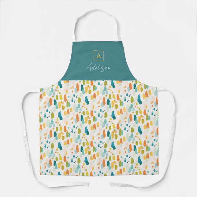 Green Teal Gold Abstract Personalized Monogram Apron (Front)