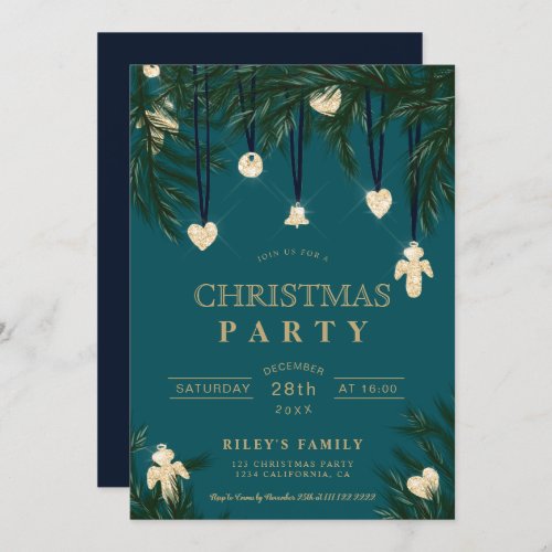 Green teal gold Christmas pine branches glitter Invitation