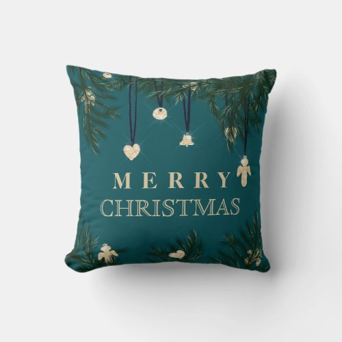 Green teal gold Christmas pine branches glitter Throw Pillow