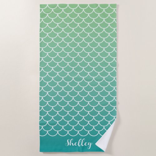 Green Teal Gradient Mermaid Fishscale Beach Towel