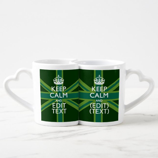 Green Teal Keep Calm And Get Your Text Union Jack Coffee Mug Set (Back Nesting)