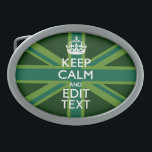 Green Teal Keep Calm And Get Your Text Union Jack Oval Belt Buckle<br><div class="desc">Your personalized Keep Calm saying on a teal green accent union jack decor. A personalized Keep Calm style saying on a one of a kind gift. Humorous or whimsical try on your creative words on two editable lines of text. Remember to use CAPITAL letters for best results. Use the "Ask...</div>