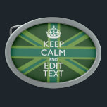 Green Teal Keep Calm And Get Your Text Union Jack Oval Belt Buckle<br><div class="desc">Your personalized Keep Calm saying on a teal green accent union jack decor. A personalized Keep Calm style saying on a one of a kind gift. Humorous or whimsical try on your creative words on two editable lines of text. Remember to use CAPITAL letters for best results. Use the "Ask...</div>