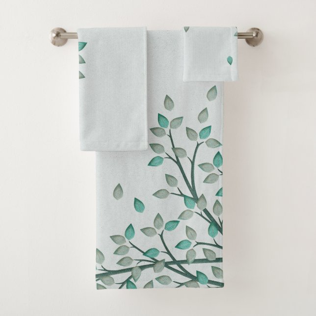Green Teal Leaves Bath Bathroom Towel Set (Insitu)