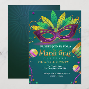 Green   Teal Masquerade Masks Mardi Gras Party Invitation