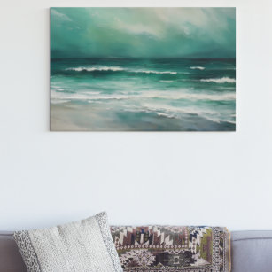 Green Teal Modern Beach Ocean Painting Canvas Print