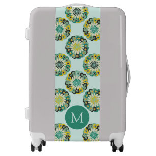 Green Teal Modern Flower Pattern Monogram Luggage