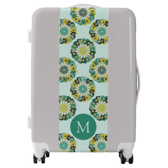 Green Teal Modern Flower Pattern Monogram Luggage (Front)
