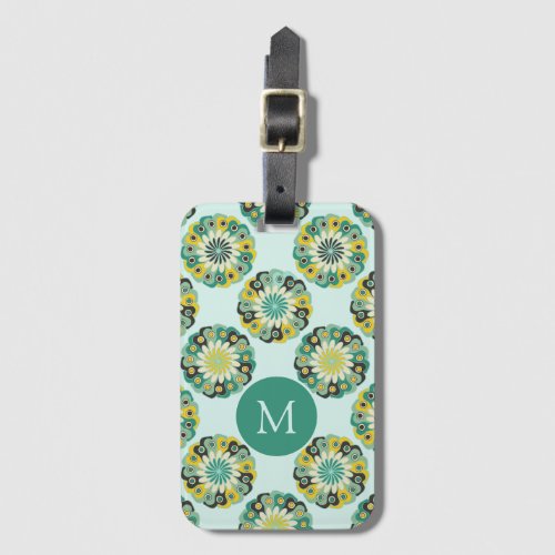Green Teal Modern Flower Pattern Monogram Luggage Tag