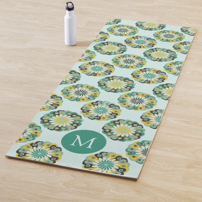 Green Teal Modern Flower Pattern Monogram Yoga Mat (In Situ)