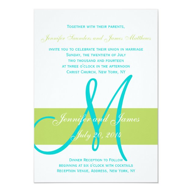 Green Teal Monogram Names Simple Photo Wedding Card