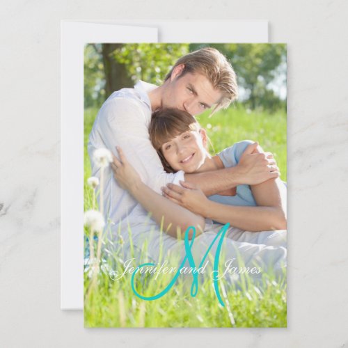 Green Teal Monogram Names Simple Photo Wedding Invite