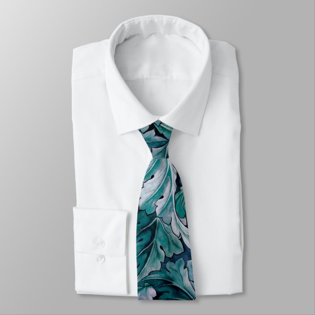 Green & Teal Morris Leaves   Neck Tie (Tied)