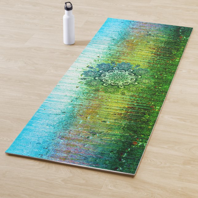 Green Teal ombre Shiny mandala yoga mat (In Situ)