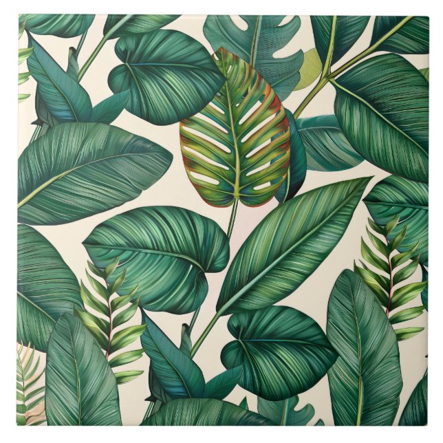 Green & Teal Palm Monstera Tropical Leaves Pattern Ceramic Tile (Front)