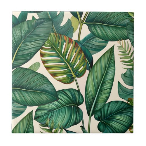 Green  Teal Palm Monstera Tropical Leaves Pattern Ceramic Tile