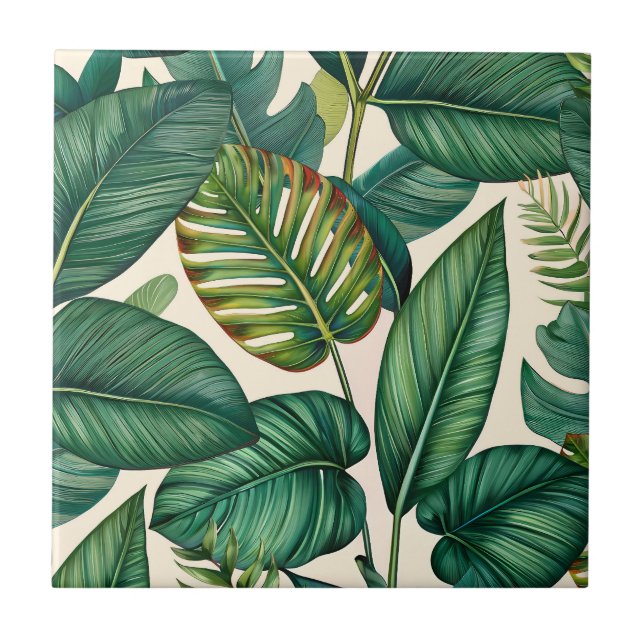 Green & Teal Palm Monstera Tropical Leaves Pattern Ceramic Tile (Front)