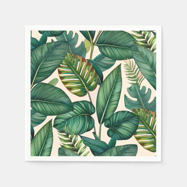 Green & Teal Palm Monstera Tropical Leaves Pattern Napkins (Front)