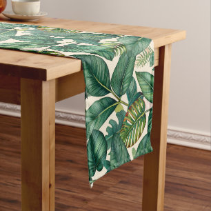 Green & Teal Palm Monstera Tropical Leaves Pattern Short Table Runner