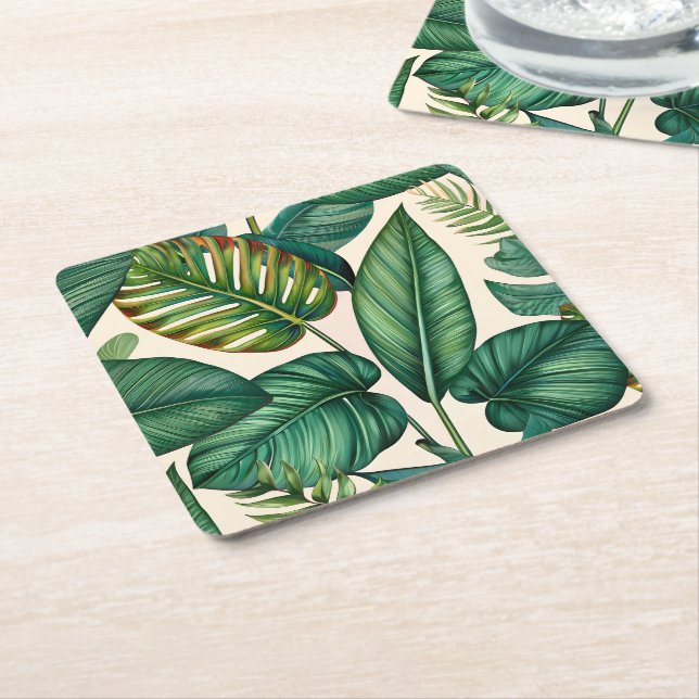 Green & Teal Palm Monstera Tropical Leaves Pattern Square Paper Coaster (Angled)