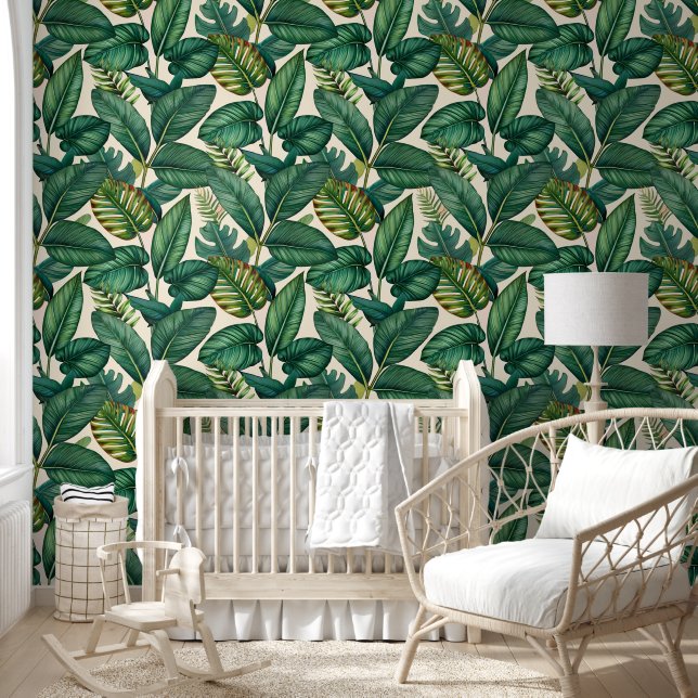 Green & Teal Palm Monstera Tropical Leaves Pattern Wallpaper (Kids)