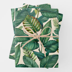 Green & Teal Palm Monstera Tropical Leaves Pattern Wrapping Paper Sheets