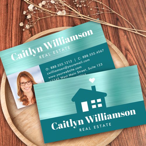 Green Teal Photo Real Estate Agent Broker House Business Card