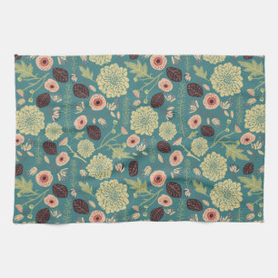 Green Teal Pink Floral Playful Mix Pattern Kitchen Towel