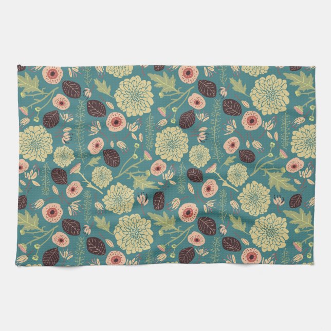 Green Teal Pink Floral Playful Mix Pattern Kitchen Towel (Horizontal)