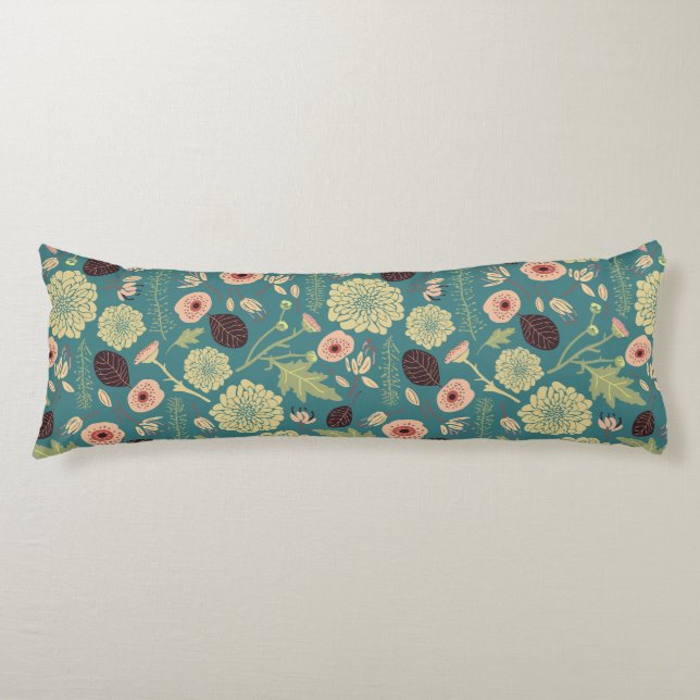 Green Teal Pink Floral Toss Pattern Body Pillow (Front)