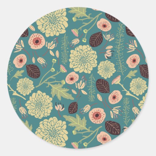 Green Teal Pink Floral Toss Pattern Classic Round Sticker | Zazzle