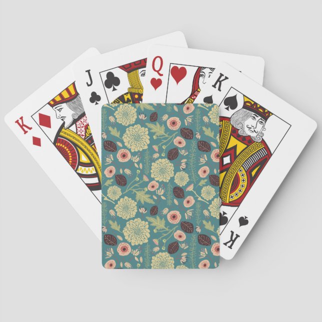Green Teal Pink Floral Toss Pattern Poker Cards (Back)