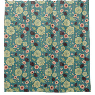 Green Teal Pink Floral Toss Pattern Shower Curtain