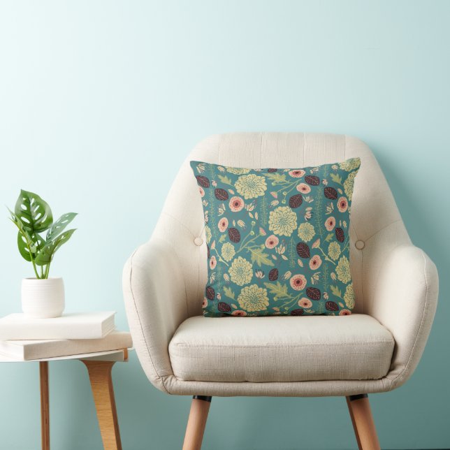 Green Teal Pink Floral Toss Pattern Throw Pillow (Chair)