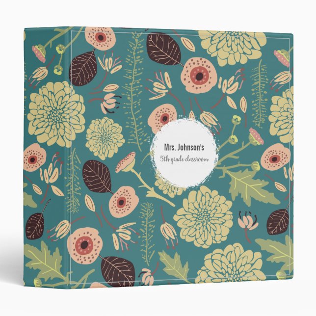 Green Teal Pink Floral Toss Patterned Flowers 3 Ring Binder (Front/Spine)