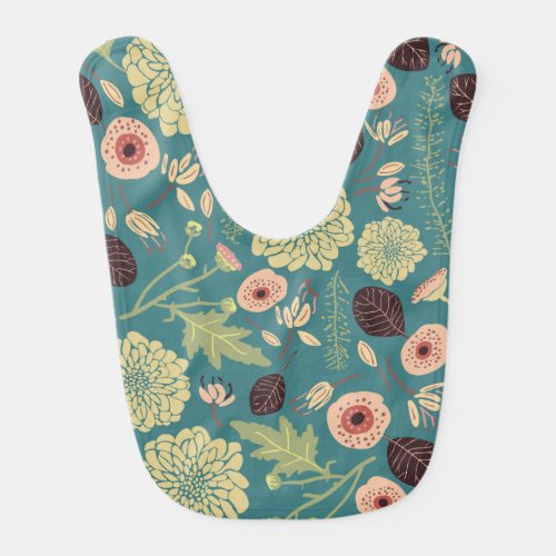 Green Teal Pink Floral Toss Patterned Flowers Baby Bib